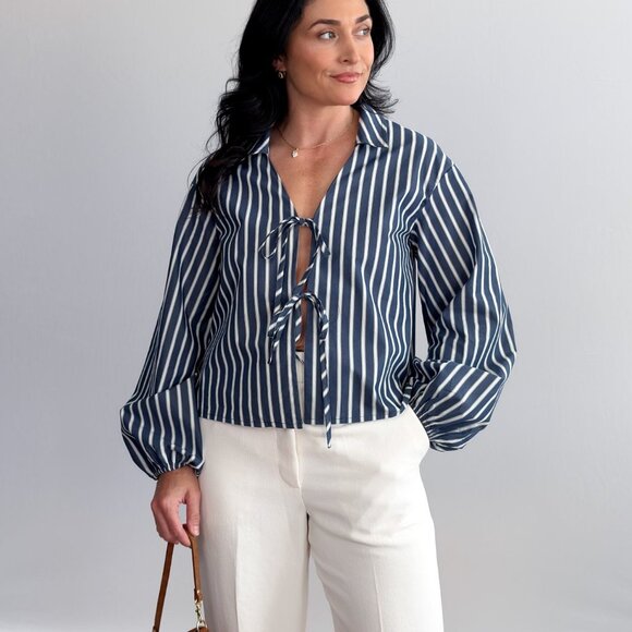 Women’s Striped Tie-Front Blouse – Navy/White, Collared Long Balloon Sleeve - Picture 4 of 10